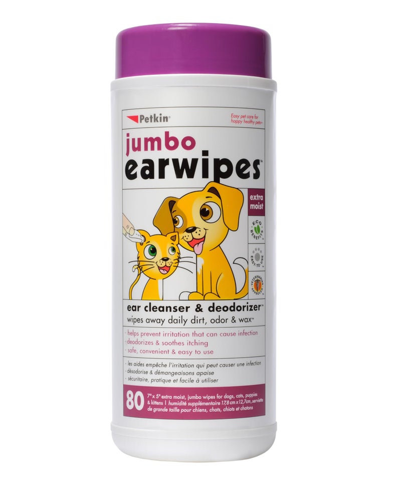 Petkin Jumbo Pet Ear Wipes, 80 Extra Moist Wipes - Soothing & Deodorizing Pet Ear Cleaner to Remove Dirt, Odor, & Wax - Safe, Convenient, & Easy to Use Pet Wipes for Dogs, Cats, Puppies & Kittens - Image 1